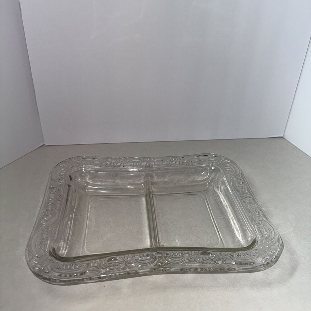 Vintage Clear Glass Divided relish Serving Dish With Ornate Scroll Design
